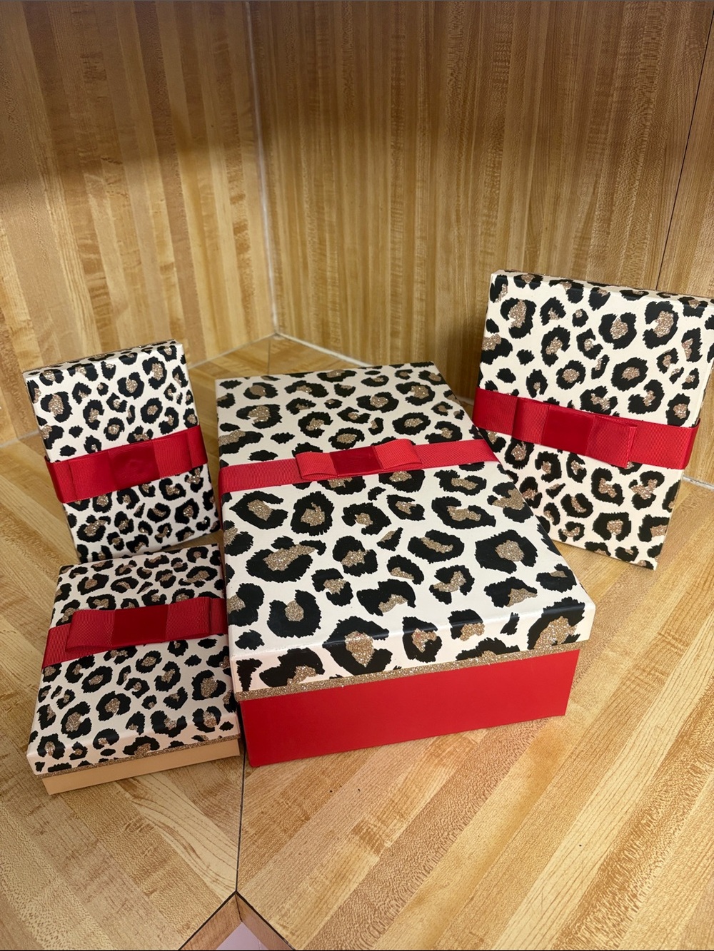 Leopard Print Gift Boxes with Red Ribbon Bow - Home Party Supplies